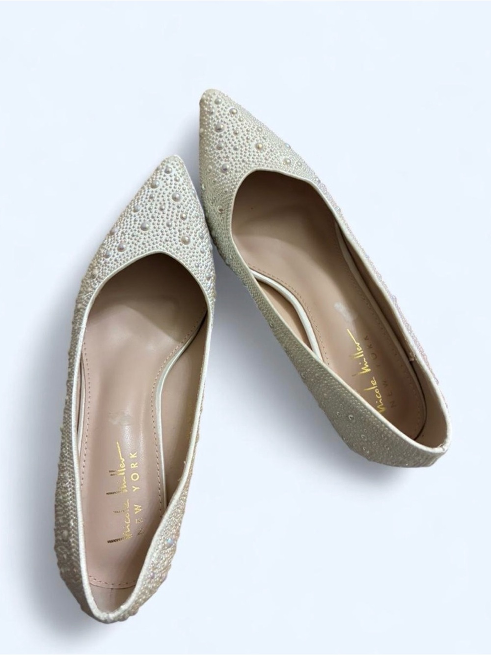 Beige Embellished Pointed-Toe Flats by Nicole Miller - size 7.5